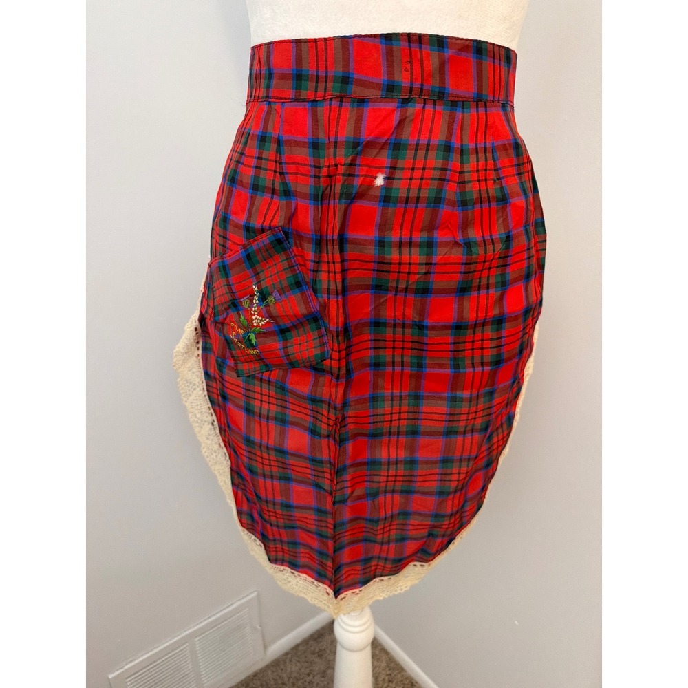 Vintage Frae Scotland Red Tartan Plaid Half Apron Lace Trim Floral Embroidery